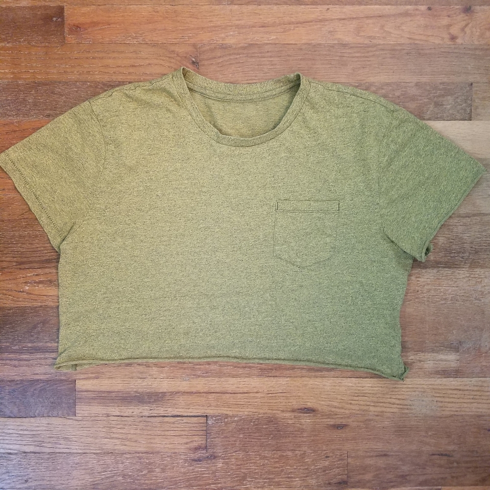 Vintage Single Stitch Blow Out Cropped Tee Pocket Army Green Distressed Thin